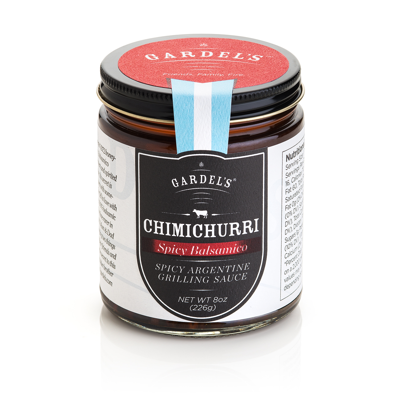Jar of Gardel's Spicy Balsamico chimichurri sauce with dried aji peppers and balsamic glaze